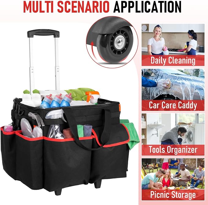 Large DIY Rolling Cleaning Caddy Bag, Cleaning Caddy with Wheels | Wear-Resistant & Waterproof 900D Oxford Cleaner Supplies Organizer for Housekeepers, Kitchen, Home, Office, Tool Storage
