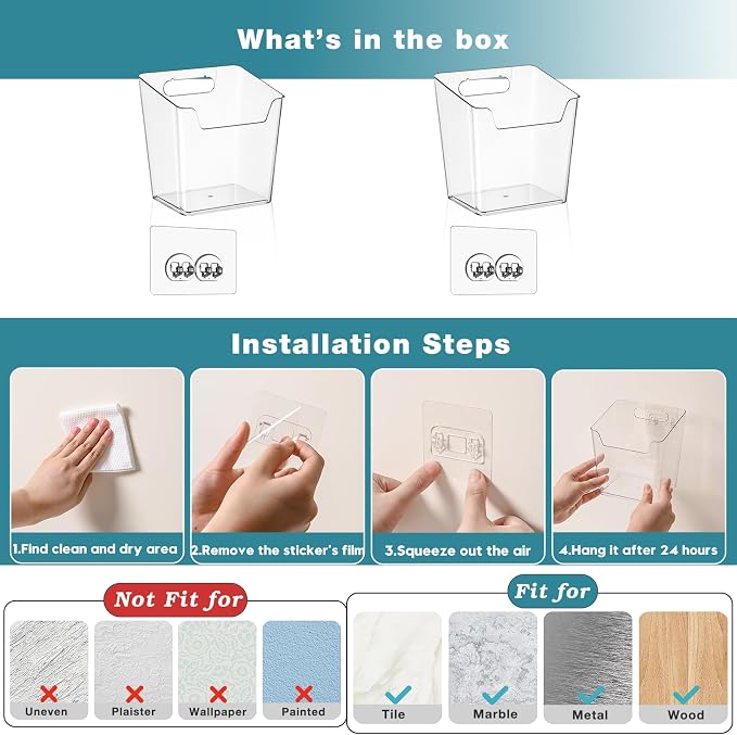 2-Pack Adhesive Cabinet Door Organizer, Hanging Storage Bins, Stick on Small Wall Basket, Bathroom Makeup Organizer, Inside Under Cabinet Storage Container for Kitchen, Pantry Organizer, Office, Dorm