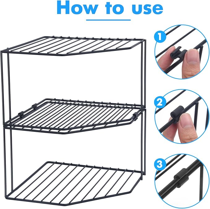 AKAZA 2Pcs 2-Tier Corner Stackable Organizer Shelf for Kitchen - Cabinet Storage Shelf Rack, Shelves,Kitchen Counter and Cabinet Shelf, Storage Rack Organizer (Black)