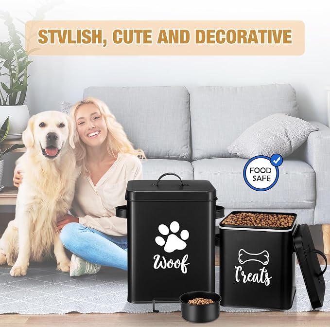 Teenyyou 2 Pcs Metal Dog Treat Containers with Airtight Lids and Spoon 7+3 Lbs Dog Food Snack Jars with DIY Labels Big Pet Cookie Storage Jar for Kitchen Counter(Black)