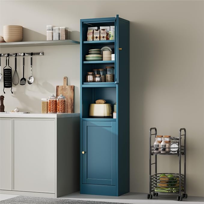 YAUWOH 2-Door Metal Storage Cabinet, Tall Slim Pantry Organizer with 3 Adjustable Shelves (120LBS/Shelf), Anti-Tipping Waterproof Cabinet for Bathroom/Kitchen/Home Office/Small Spaces,(1PC,Blue)