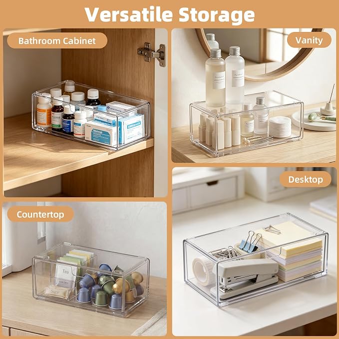 Narrow Medicine Cabinet Organizer with Drawer, Clear | Drawer for Easy Access, Smooth Pull-Out, Non-Slip, Fits Tight Spaces, Fits Vanity & Countertop, Sort Skincare & Cosmetics