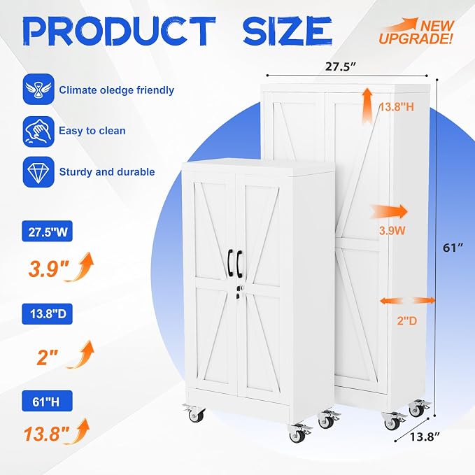 GAIOUS 61" Tall Metal Storage Cabinet with Lock and Wheels, File Cabinet | for Home Office, Garage Storage Cabinets with 2 Door and 3 Adjustable Shelves, Rolling Tool Cabinet, Utility Cabinet, White