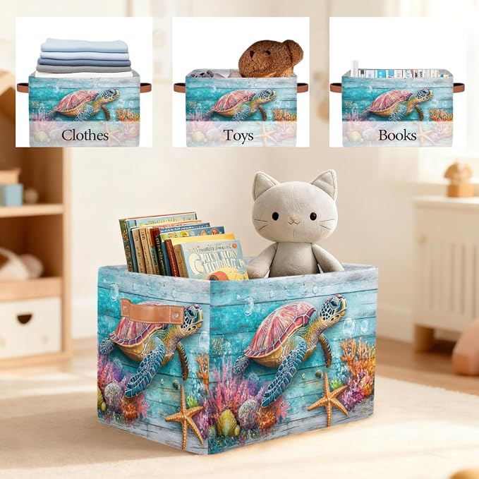 Pardick Storage Baskets Bin, Summer Ocean Turtle Wood Collapsible Canvas Fabric Storage Bin Decorative Baskets Toy Organizer Rectangle Storage Boxes with handles for Home Shelves Nursery,A-4