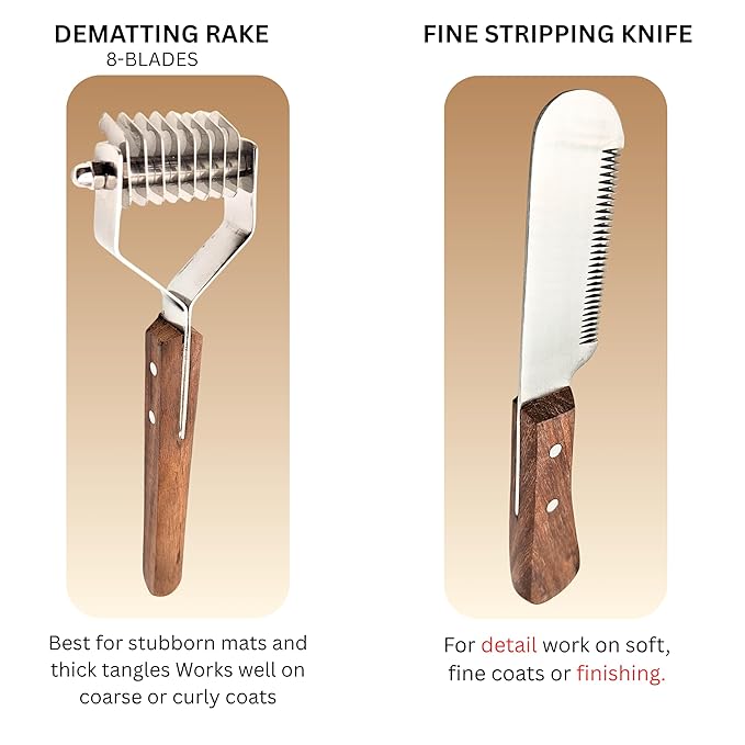 Pet Dematting Comb & Stripping Knife Set for Dogs & Cats – Wood Handle Grooming Rake with Stainless Steel Blades – Stripping & Comb Undercoat Remover Tool for Thick Coats