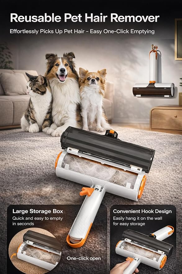 Pet Hair Remover for Furniture, Reusable Pet Hair Removal Tool, Self Cleaning Fur Remover for Couch, Carpet, Rugs, Bedding & Car Seats, Dog & Cat Hair Remover