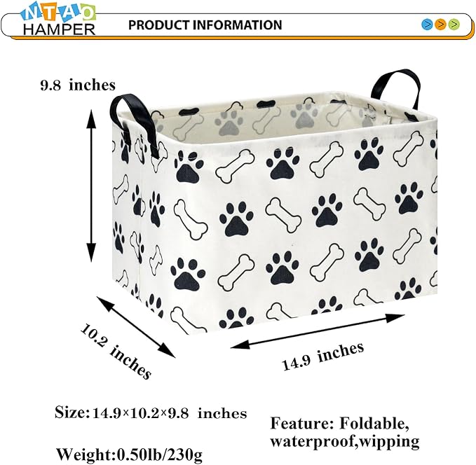 NTAOHAMPER Waterproof PE Coating Puppy Storage Bin with Handles,Doggy Collapsible Gift Basket,Kids Toys/Books Box,Room Decor(Paw)