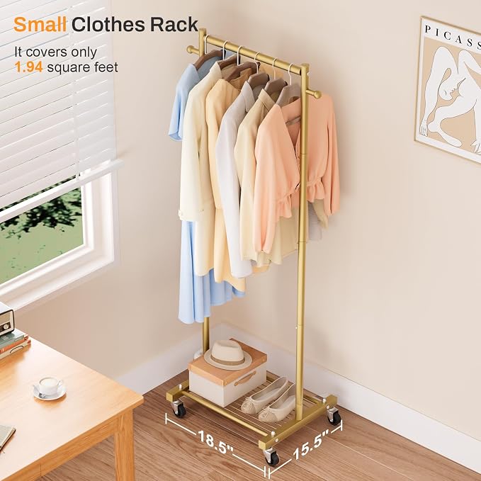 MISSLO Small Clothes Racks for Hanging Clothes Clothing Rack with Wheels 60" Garment Rack with Shelves Portable Rolling Wardrobe Rack for Small Space (Gold)