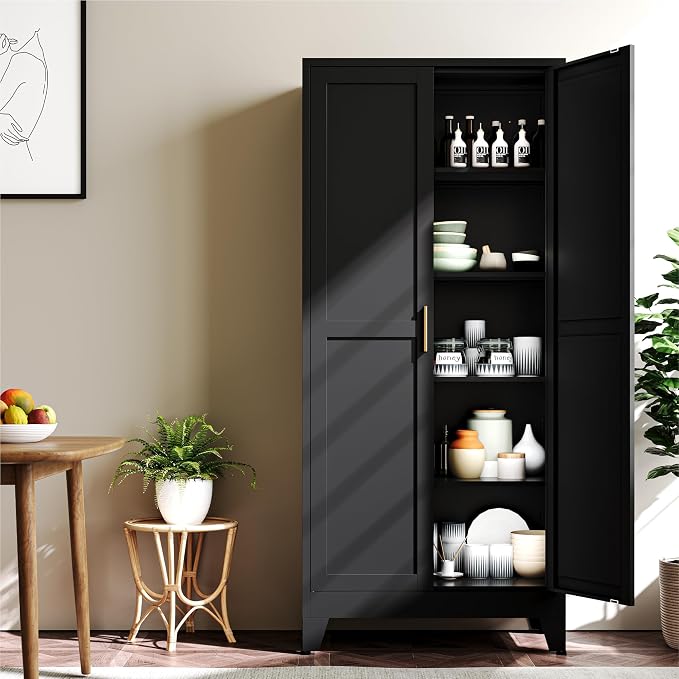 YAUWOH 71''Metal Cabinet with 4 Adjustable Shelves,5-Tier Pantry Storage Cabinet,Kitchen Pantry Cabinet for Living Room,Dining Room, (1PC,Black)