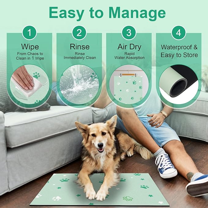 Pet Feeding Mat 12"x20"- Absorbent Dog Mat, Small Pet Food Mat, Rubber Pet Food Mat, Pet Food Mats for Floor Waterproof, Dog Water Matt for Sloppy Drinker, Cat Food Bowl Mat, Green