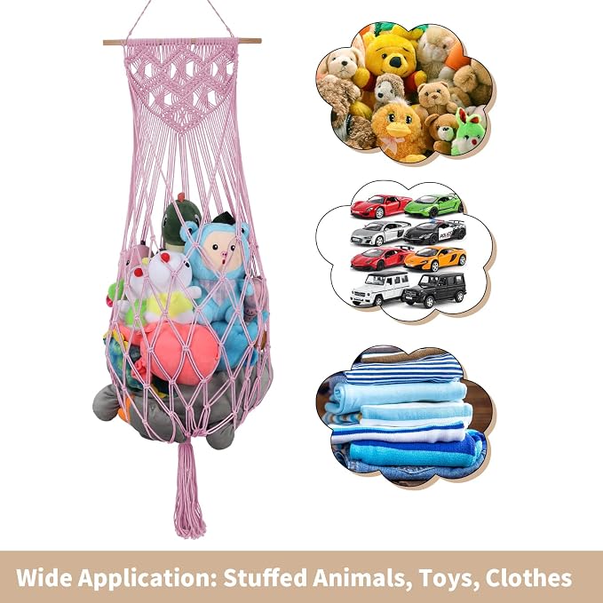 63 Inch Stuffed Animal Hammock Corner,Macrame Toy Plushie Net,Pink | Wall Ceiling Over Door Hanging Net for Stuffed Animals,Stuffy Storage Display w/ Star Lights,Nursery Playroom Kid Room Decor