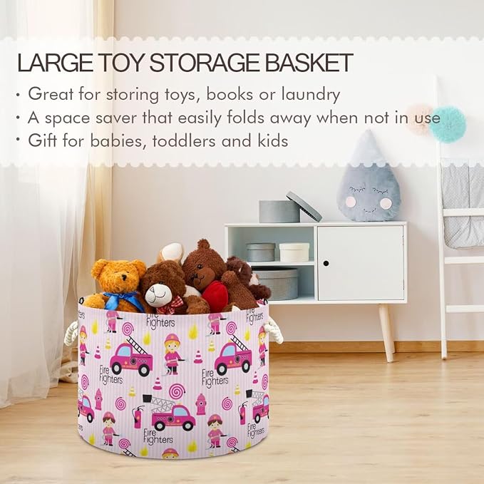 Pink Firefighter Collapsible Round Storage Basket with Handles | Fire Trucks Equipment Large Laundry Baskets Hamper, Organizer Bin for Nursery Bedroom Living Room Decor, 20x 20x 14 Inches