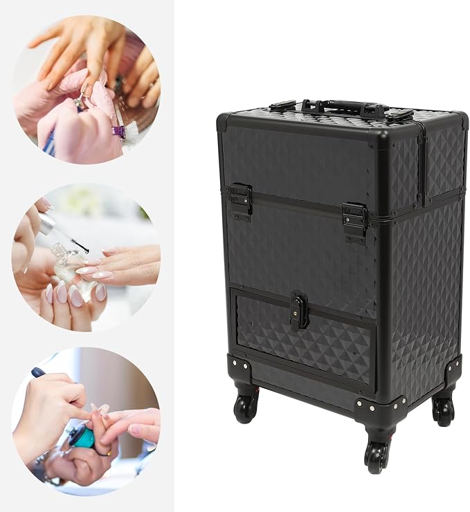 Professional Rolling Makeup Train Case with Lock, 7 Compartments 44lbs Capacity Rolling Nail Case Adjustable Organizer for Makeup Artists, Hairstylists, Pet Groomers (Black)