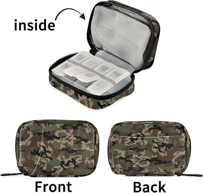 Military Camo Pill Box 7 Day Pill Case Travel Pill Organizer Bag with Zipper Portable Weekly Case Compact Size for Vitamin Supplement Holder