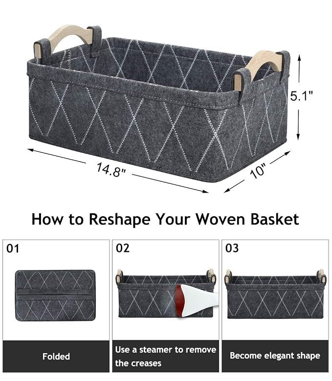 Storage Basket Small Bins for Shelves Cute Containers for Books Magazines Keys Makeups TV Remotes Power Bank Cables Felt Caddy Gray Baskets