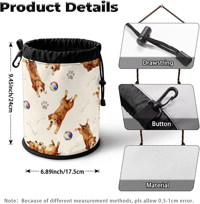 Clothespin Bag Organizer Drawstring, Puppy Pet Toy Laundry Peg Storage Pouch with Button Hanger, Portable Clips Holder for Drying Rack, Camping, Beach & Home