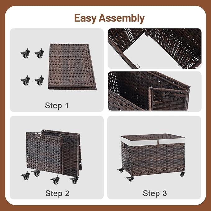 Rolling Storage Basket with Lid, 47.6 Gallon (180L) Storage Bin with Wheels, Woven Rattan Blanket Storage Basket with Handles, Foldable, Metal Frame, Removable Liner for Bedroom, Laundry Room, Brown
