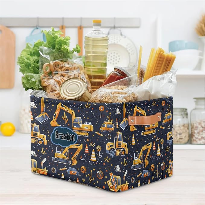Custom Rectangular Baby Storage Basket, Kids Toys Bin, Books Shelf Basket, Clothes Towel Storage Bin for Nursery, Gift Basket, Pet Basket, Excavator Work Zone Construction