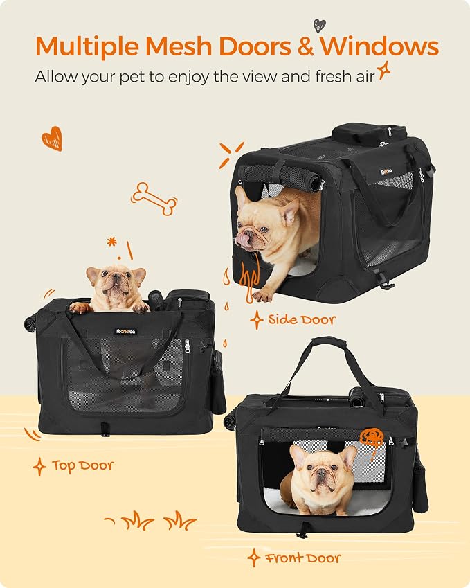 Feandrea Collapsible Soft Dog Crate, Portable Travel, 24 Inches | Dog Carrier Kennel with Safety Zippers for Living Room, Car, Travelling, Black UPDC60H