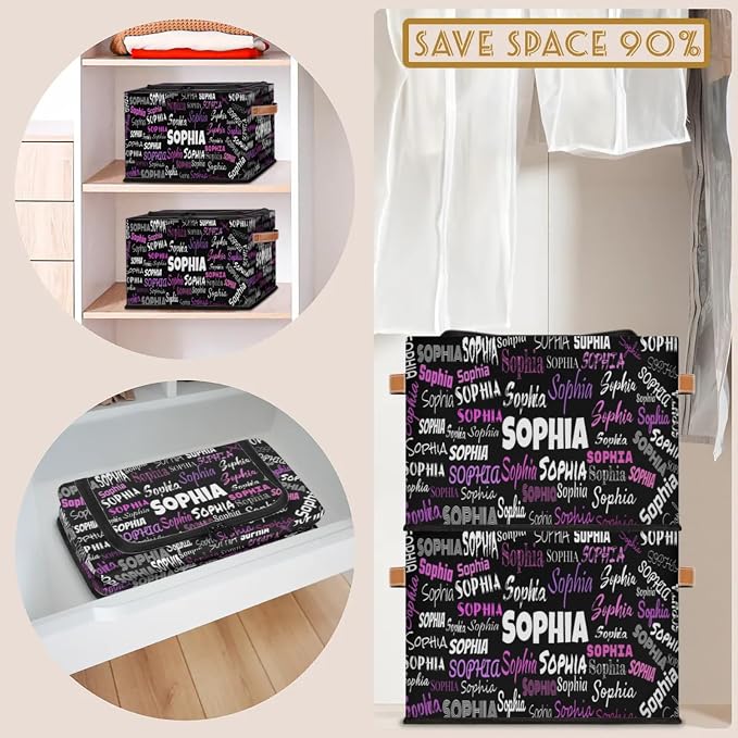 Personalized Foldable Storage Basket with Name, Black with Colorful Names Zipper Lid Laundry Hamper Dirty Clothes Pet Toys Storage Bin with Handles for Shelf Home Closet Kitchen