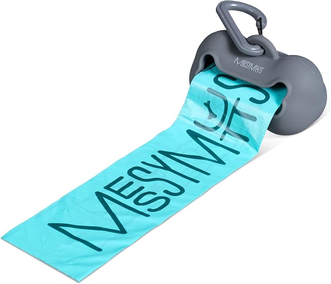 Messy Mutts Silicone Dog Poop Bag Holder with Carabiner, Grey | Silicone Dog Poop Bag Dispenser With Carabiner Clip And 15 Bag Starter Roll, Fits Standard Rolls