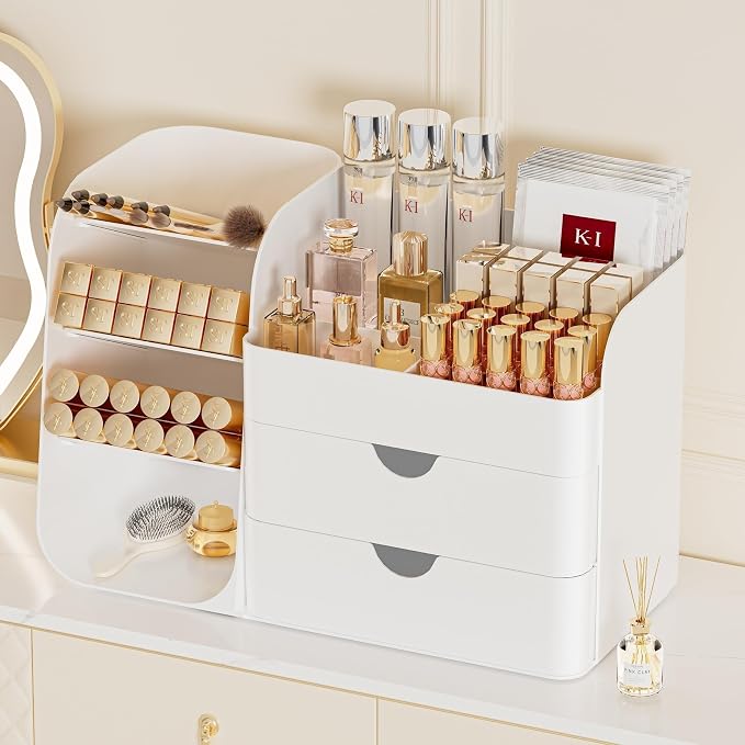 Makeup Organizer for Vanity Skincare Organizers Countertop, All White | Cosmetic Organizer with Brush Holder and 2 Drawers, Beauty Makeup Storage for Lipsticks, Nail Polishes, Eyeshadow Palettes