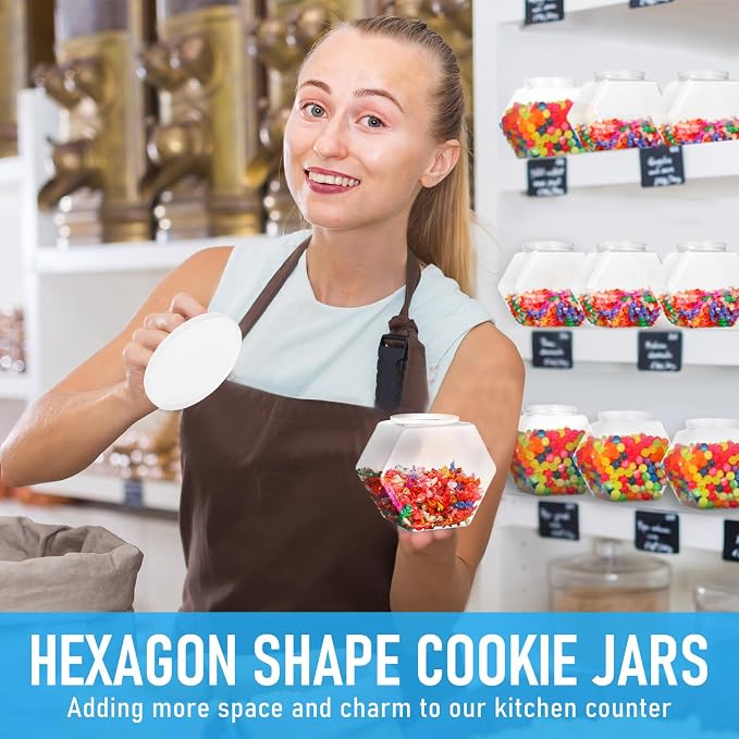 Uiifan Plastic Candy Jar with Lid Clear Hexagonal Fish Bowls,29 Oz | Clear Cookie Jar Desk Pet Display, Dog Food Craft Supplies Coffee Pod Storage, Wide Mouth Easy Access Organizer