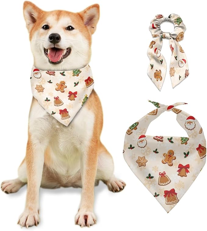 COEQINE Christmas Dog Bandanas Cute Gingerbread Beige Xmas Decor Dog Apparel & Accessories Pet and Owner Matching Outfits with Elastic Hair Tie Organizer Set 2 Pcs for Holiday Costum