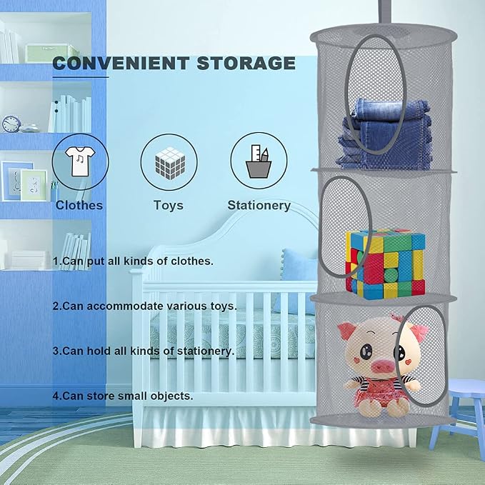 2Pcs Hanging Stuffed Animal Storage Hammock Net 3 Tiers, Grey | Hanging Mesh Storage Organizer for Kids Room, Holds Plushies, Gloves, Hats, Socks, Foldable Space-saving Design