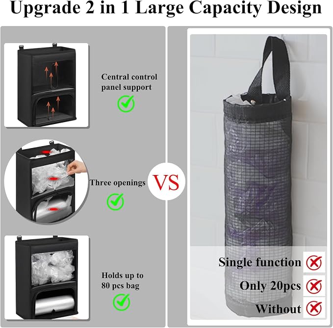 2-in-1 Plastic Bag Holder with Clear Window, Large Grocery Bag Holder and garbage bag dispenser with Easy-Access Openings, Trash bag organizer for Kitchen RV Cabinet Wall Mounted (Black๏ผ