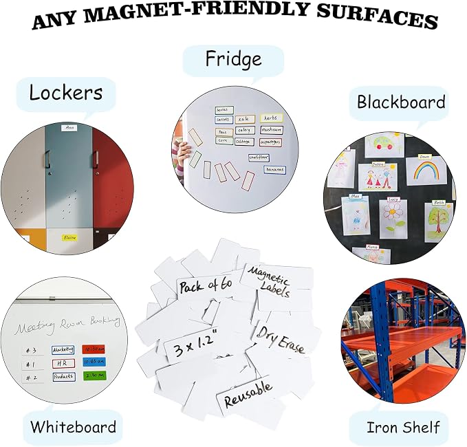 Dry Erase Magnetic Labels-60 PCS Blank White Reusable Name Magnets | 3"x1.2" blank white labels for metal lockers and refrigerators, perfect for Home, office, school organization