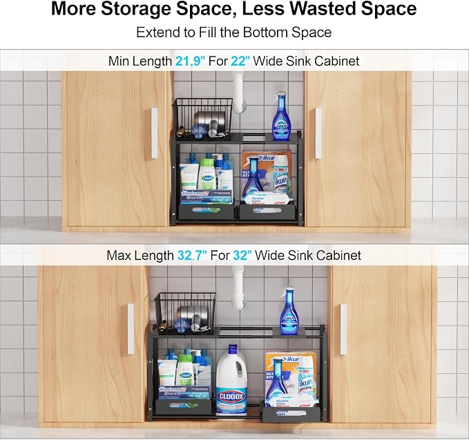 iSPECLE Under Sink Organizer - 2 Tier Expandable for 22" to 32" Wide Sink | Expandable Width, Easy Access, 2 Tier Space, For 22-32 Inch Sink Cabinet, Height Adjustable, Carbon Steel, Black, Fit, Use