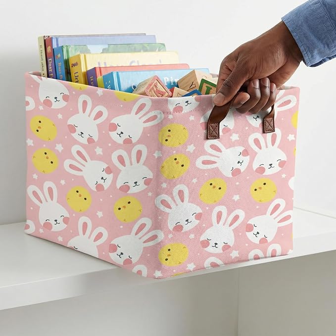 Large Cute Easter Basket for Kid Empty Gift Baby Rectangle Storage Bin Bunny Eggs Boy&Girl Room Décor (Rabbit Chicken Star Pink)