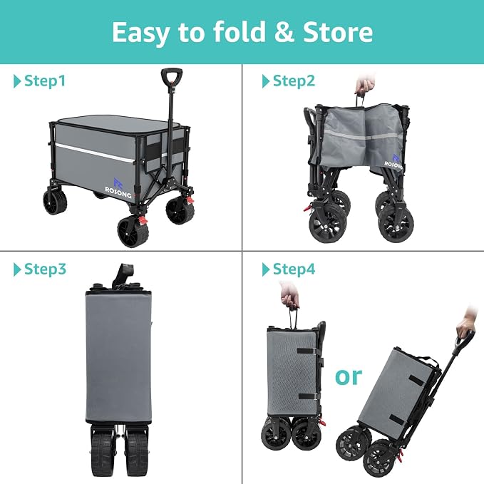 ROSONG Collapsible Wagon Cart with Wheels, Grey with Cover, 120L | Foldable, Folding Utility, Heavy Duty, For Grocery Sports Garden Shopping Camping