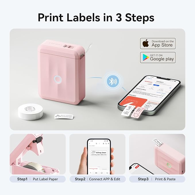 NIIMBOT D110 Mini Label Maker Machine with Tape for Home School, Pink | Portable Label Printer Bluetooth Thermal Sticker Labeler with Multiple Templates for Office Kitchen Jars Organization
