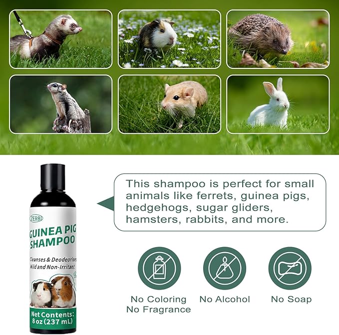Guinea Pig Shampoo 8 oz - Naturally Effective Shine Skin & Coat Formula - NO Fragrance, Hypoallergenic, Relieves Dry, Itchy Skin, Eliminates Odors