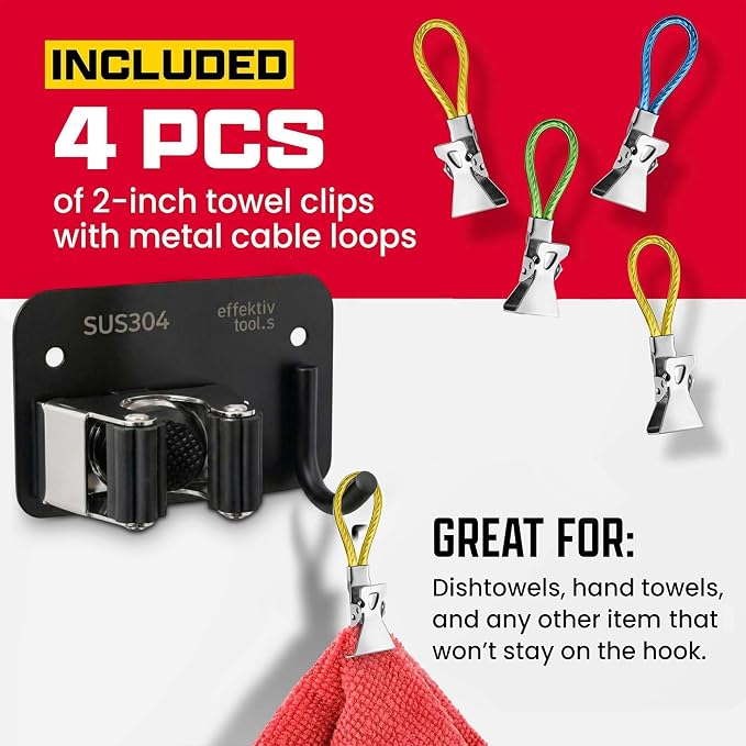 4 Pack Wall Mount Hanger for Brooms & Mops - Heavy Duty Adhesive SUS304 Stainless Steel Broom Holder with 1 Clamp, 1 Hook, & 4 Towel Hangers for Small Nooks & Utility Closet Organization