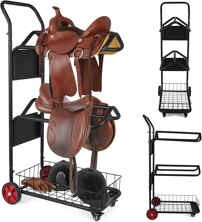 Horse Saddle Cart with Storage Basket 3 Tier Rolling Heavy | Heavy Duty Organizer for Stable Barn Tack Room Moving Transport Supplies