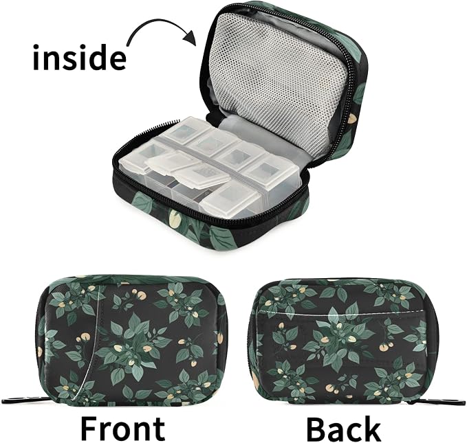 Flowers and Leaves Pill Box 7 Day Pill Case Travel Pill Organizer Bag with Zipper Portable Weekly Case Compact Size for Vitamin Supplement Holder