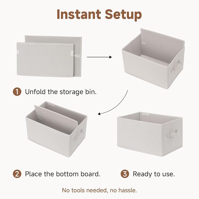 StorageWorks Shelf Organizer Bins, Beige Stripes, 3-Pack, Large | Foldable Shelf Organizer Bins, Closet Storage Baskets for Clothes, Fabric Storage Bins for Shelves