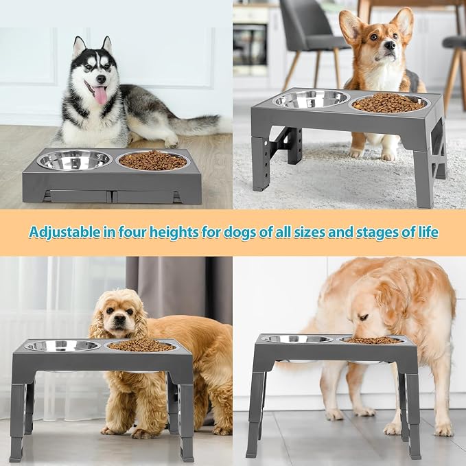 Elevated Dog Bowls with 2 Stainless Steel Dog Food Bowls, Raised Dog Bowl Adjusts to 5 Heights (3.15", 8.66", 9.84",11.02", 12.2") for Small Medium and Large Dogs