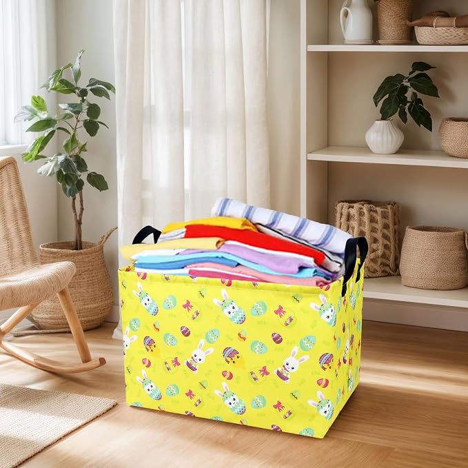 Large Empty Easter Basket for Kid Yellow Fabric Personalized Bunny Eggs Easter Gift Basket for Boy and Girl (Rabbit Chicken)