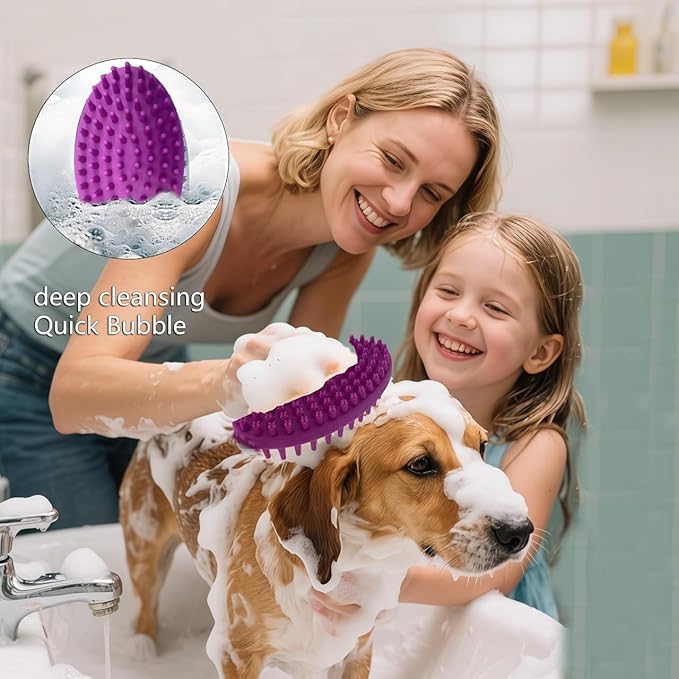 ROPO Double Sided Dog Bath Brush, Pet Grooming Tool with Long and Plum Blossom Teeth, Deep Cleaning and Massage (Purple)