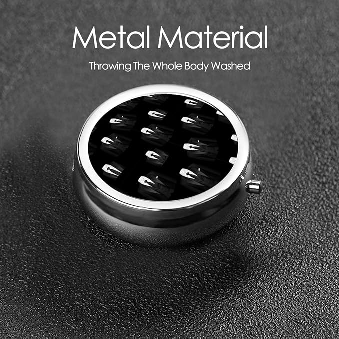 Purse Pill Organizer, Round Portable Case, Waterproof Holder for Vitamins, Mini Travel Box for Urban Commuters, Black Tie Tuxedo
