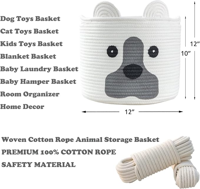 Medium Dog Woven Baskets with Handle, Dog Toy Hamper, Cotton Rope Dog Toy Storage Baskets for Pet, Animal Basket for Kids, Baby Gift Baskets for Dog Lovers, White