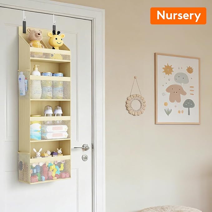Lifewit 4 Tier Over the Door Organizer, Diaper Hanging Storage, Beige | Nursery Sturdy Large Heavy Duty Back of Door Shelf with 4 Mesh Side Pockets, for Baby Stuff Toy in Pantry, Laundry, Bathroom
