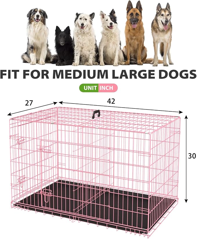 BestPet | Dog Crate | 42" | Pink | Foldable Metal Kennel with Double Doors | Secure Slide-Bolt Latches, Leakproof Tray | Portable Dog Cage for Large Breeds | for Travel, Indoor & Outdoor Use