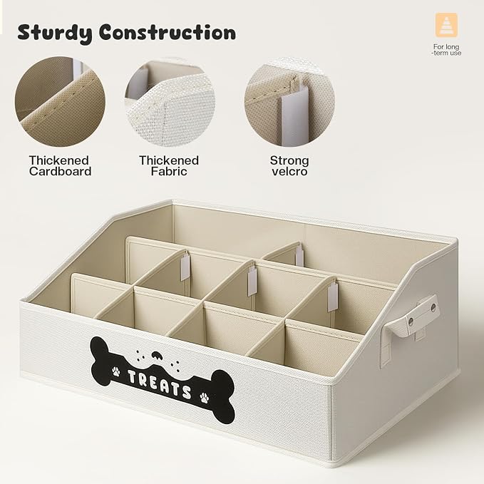 Dog Treat Container, Dogs Storage Organizer with Removable Dividers, Collapsible Dogs Treat Holder for Countertop, Trapezoid Pet Treats Containers, Dog Toy Basket with PU Handles, Large, Beige