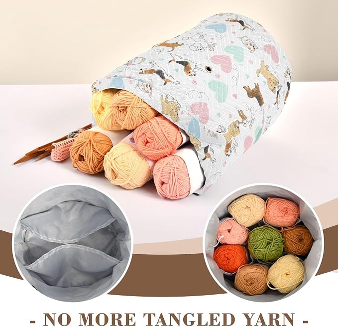 Cute Pets White Dogs Crochet Bag Organizer Portable Yarn Storage Bags with Handle Yarn Holder Small Crochet Accessories Knitting Bag for Knitting Kit Supplies Travel