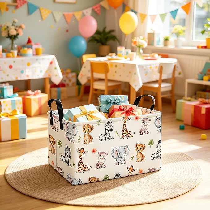 Rectangular Safari Animal Storage Bin, Fabric Closet Organizer Basket | Reinforced side grips, foldable container arranges wardrobe and bedroom daily belongings